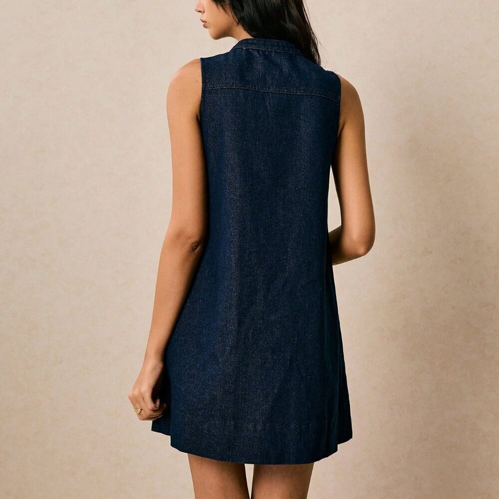 Dark Wash Casual Women's Denim Sleeveless A-Line Dress - Picture 2 of 8